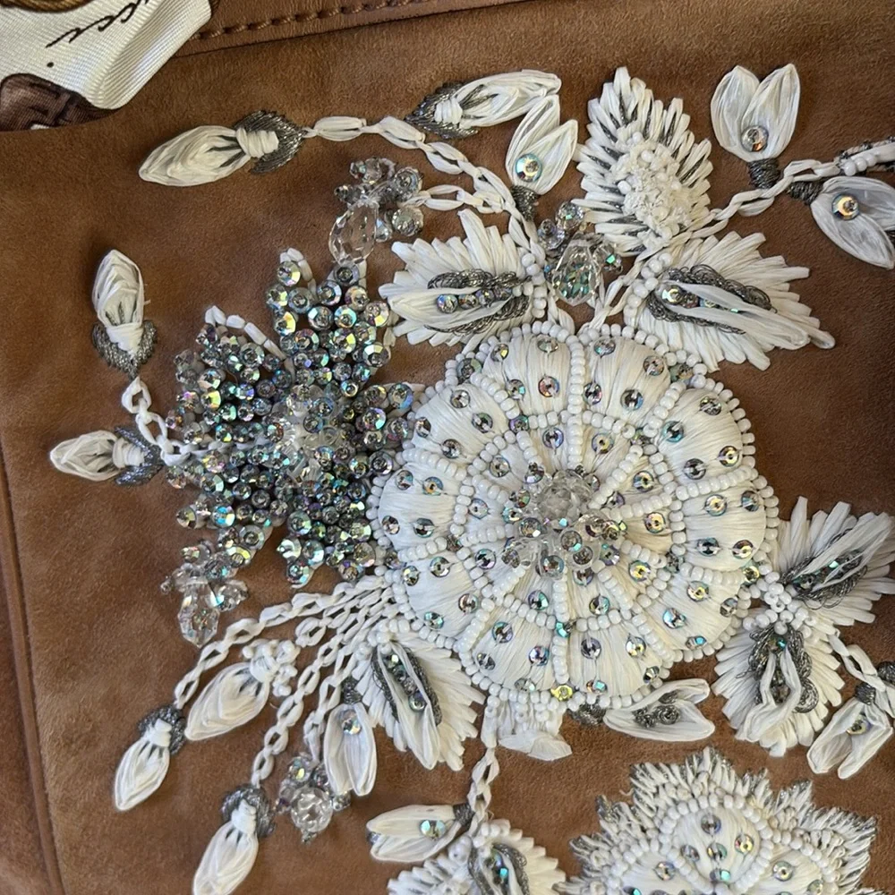 GUCCI POSITANO Leather Suede Tan Brown White Silver Gold Beaded Bag Rare Luxury - Picture 10 of 14